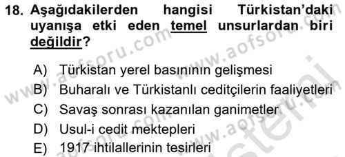 XIX. Yüzyıl Türk Dünyası Dersi 2022 - 2023 Yılı Yaz Okulu Sınav Soruları 18. Soru