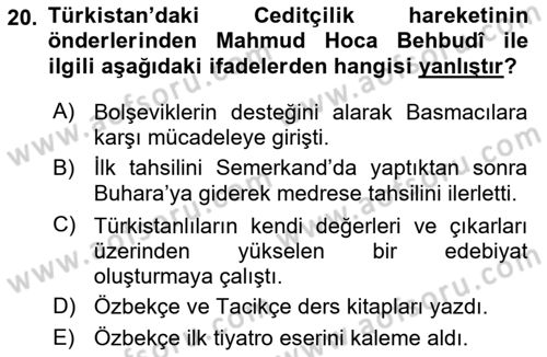 XIX. Yüzyıl Türk Dünyası Dersi 2022 - 2023 Yılı Yaz Okulu Sınav Soruları 20. Soru