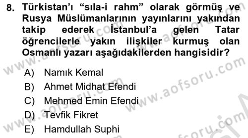 XIX. Yüzyıl Türk Dünyası Dersi 2022 - 2023 Yılı Yaz Okulu Sınav Soruları 8. Soru