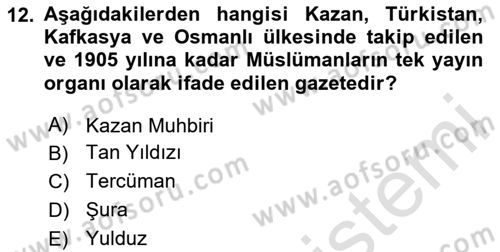 XIX. Yüzyıl Türk Dünyası Dersi 2023 - 2024 Yılı (Vize) Ara Sınav Soruları 12. Soru