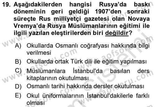 XIX. Yüzyıl Türk Dünyası Dersi 2023 - 2024 Yılı (Vize) Ara Sınav Soruları 19. Soru