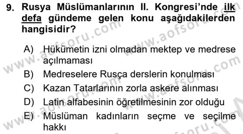 XIX. Yüzyıl Türk Dünyası Dersi 2023 - 2024 Yılı (Vize) Ara Sınav Soruları 9. Soru