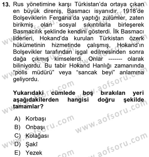 XIX. Yüzyıl Türk Dünyası Dersi 2023 - 2024 Yılı (Final) Dönem Sonu Sınav Soruları 13. Soru