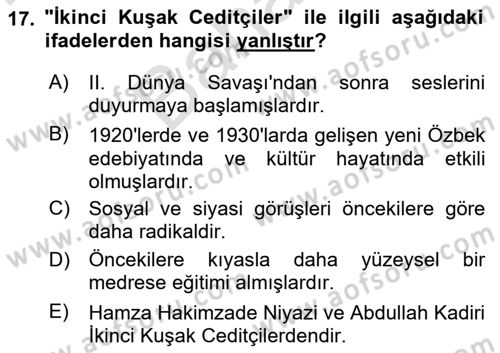 XIX. Yüzyıl Türk Dünyası Dersi 2023 - 2024 Yılı (Final) Dönem Sonu Sınav Soruları 17. Soru