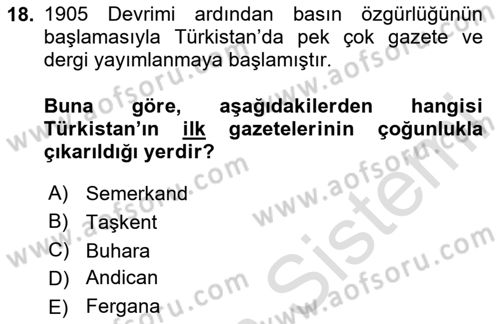 XIX. Yüzyıl Türk Dünyası Dersi 2023 - 2024 Yılı (Final) Dönem Sonu Sınav Soruları 18. Soru