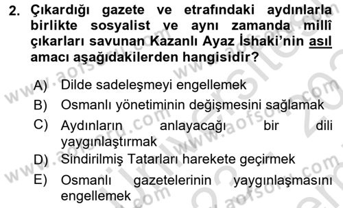 XIX. Yüzyıl Türk Dünyası Dersi 2023 - 2024 Yılı (Final) Dönem Sonu Sınav Soruları 2. Soru