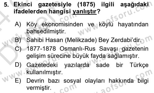 XIX. Yüzyıl Türk Dünyası Dersi 2023 - 2024 Yılı (Final) Dönem Sonu Sınav Soruları 5. Soru
