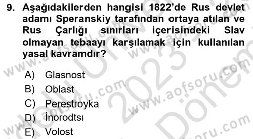 XIX. Yüzyıl Türk Dünyası Dersi 2023 - 2024 Yılı (Final) Dönem Sonu Sınav Soruları 9. Soru
