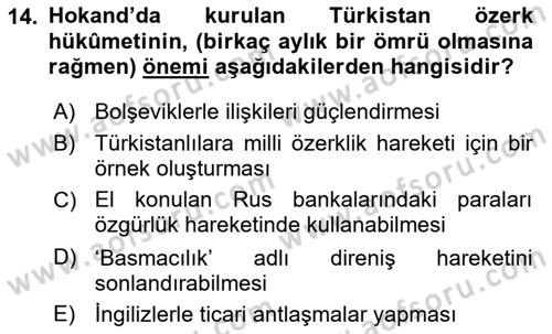 XIX. Yüzyıl Türk Dünyası Dersi Dönem Sonu Sınavı Deneme Sınav Soruları 14. Soru