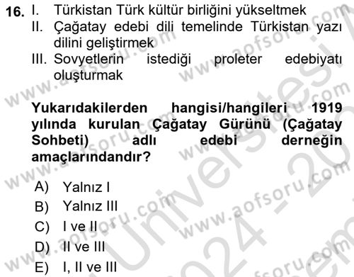 XIX. Yüzyıl Türk Dünyası Dersi 2024 - 2025 Yılı (Final) Dönem Sonu Sınav Soruları 16. Soru