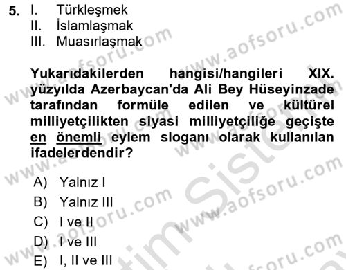XIX. Yüzyıl Türk Dünyası Dersi Dönem Sonu Sınavı Deneme Sınav Soruları 5. Soru