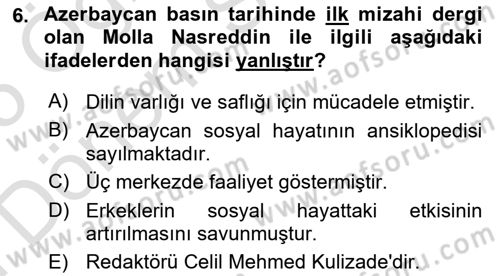 XIX. Yüzyıl Türk Dünyası Dersi 2024 - 2025 Yılı (Final) Dönem Sonu Sınav Soruları 6. Soru