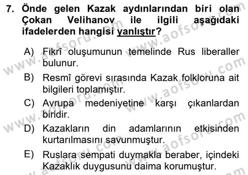XIX. Yüzyıl Türk Dünyası Dersi 2024 - 2025 Yılı (Final) Dönem Sonu Sınav Soruları 7. Soru