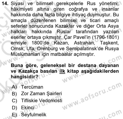 XIX. Yüzyıl Türk Dünyası Dersi 2024 - 2025 Yılı Yaz Okulu Sınav Soruları 14. Soru