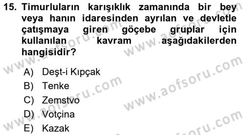 XIX. Yüzyıl Türk Dünyası Dersi 2024 - 2025 Yılı Yaz Okulu Sınav Soruları 15. Soru