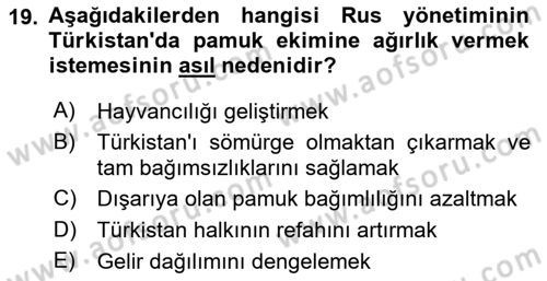 XIX. Yüzyıl Türk Dünyası Dersi 2024 - 2025 Yılı Yaz Okulu Sınav Soruları 19. Soru