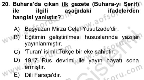 XIX. Yüzyıl Türk Dünyası Dersi 2024 - 2025 Yılı Yaz Okulu Sınav Soruları 20. Soru