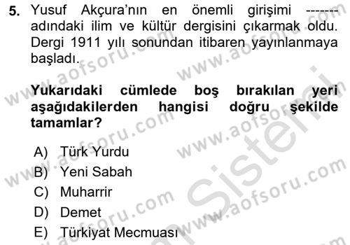 XIX. Yüzyıl Türk Dünyası Dersi 2024 - 2025 Yılı Yaz Okulu Sınav Soruları 5. Soru