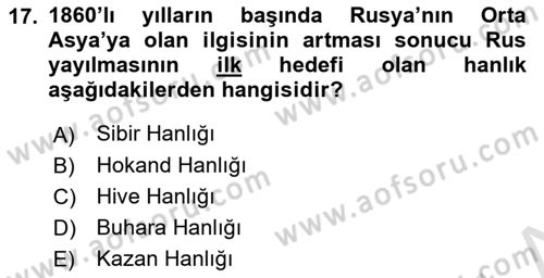 XIX. Yüzyıl Türk Dünyası Dersi 2025 - 2026 Yılı (Final) Dönem Sonu Sınav Soruları 17. Soru