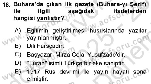 XIX. Yüzyıl Türk Dünyası Dersi 2025 - 2026 Yılı (Final) Dönem Sonu Sınav Soruları 18. Soru
