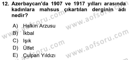 XIX. Yüzyıl Türk Dünyası Dersi 2025 - 2026 Yılı Yaz Okulu Sınav Soruları 12. Soru