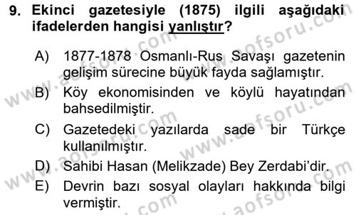 XIX. Yüzyıl Türk Dünyası Dersi 2025 - 2026 Yılı Yaz Okulu Sınav Soruları 9. Soru