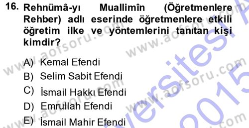 Osmanlı Devleti Yenileşme Hareketleri (1876-1918) Dersi Ara Sınavı Deneme Sınav Soruları 16. Soru