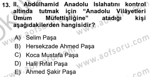 Osmanlı Devleti Yenileşme Hareketleri (1876-1918) Dersi 2018 - 2019 Yılı Yaz Okulu Sınav Soruları 13. Soru