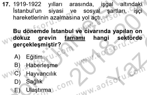 Osmanlı Devleti Yenileşme Hareketleri (1876-1918) Dersi 2018 - 2019 Yılı Yaz Okulu Sınav Soruları 17. Soru