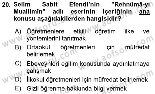 Osmanlı Devleti Yenileşme Hareketleri (1876-1918) Dersi Ara Sınavı Deneme Sınav Soruları 20. Soru