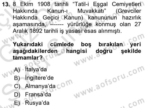 Osmanlı Devleti Yenileşme Hareketleri (1876-1918) Dersi 2019 - 2020 Yılı (Final) Dönem Sonu Sınav Soruları 13. Soru