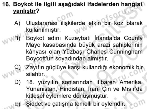 Osmanlı Devleti Yenileşme Hareketleri (1876-1918) Dersi 2019 - 2020 Yılı (Final) Dönem Sonu Sınav Soruları 16. Soru