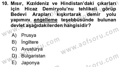 Osmanlı Devleti Yenileşme Hareketleri (1876-1918) Dersi 2021 - 2022 Yılı Yaz Okulu Sınav Soruları 10. Soru