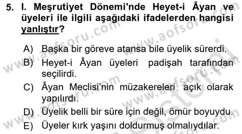 Osmanlı Devleti Yenileşme Hareketleri (1876-1918) Dersi 2022 - 2023 Yılı Yaz Okulu Sınav Soruları 5. Soru