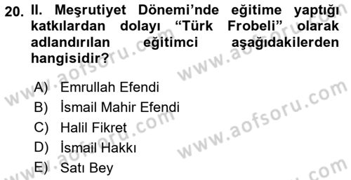 Osmanlı Devleti Yenileşme Hareketleri (1876-1918) Dersi 2024 - 2025 Yılı (Vize) Ara Sınav Soruları 20. Soru