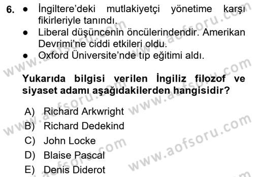 Osmanlı Devleti Yenileşme Hareketleri (1876-1918) Dersi 2024 - 2025 Yılı (Vize) Ara Sınav Soruları 6. Soru
