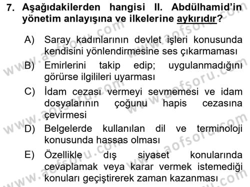 Osmanlı Devleti Yenileşme Hareketleri (1876-1918) Dersi 2024 - 2025 Yılı (Vize) Ara Sınav Soruları 7. Soru