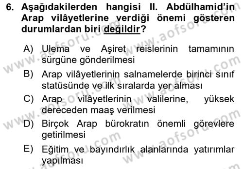 Osmanlı Devleti Yenileşme Hareketleri (1876-1918) Dersi 2024 - 2025 Yılı (Final) Dönem Sonu Sınav Soruları 6. Soru