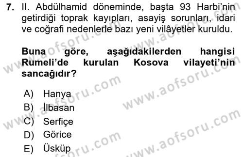 Osmanlı Devleti Yenileşme Hareketleri (1876-1918) Dersi 2024 - 2025 Yılı (Final) Dönem Sonu Sınav Soruları 7. Soru
