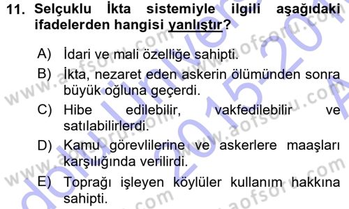 Osmanlı İktisat Tarihi Dersi Ara Sınavı Deneme Sınav Soruları 11. Soru