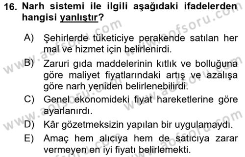 Osmanlı İktisat Tarihi Dersi 2015 - 2016 Yılı (Final) Dönem Sonu Sınav Soruları 16. Soru