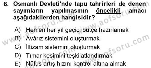 Osmanlı İktisat Tarihi Dersi 2016 - 2017 Yılı (Vize) Ara Sınav Soruları 8. Soru