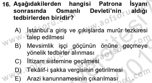 Osmanlı İktisat Tarihi Dersi Ara Sınavı Deneme Sınav Soruları 16. Soru