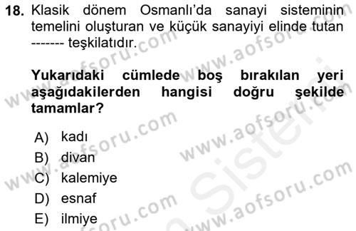 Osmanlı İktisat Tarihi Dersi 2018 - 2019 Yılı (Vize) Ara Sınav Soruları 18. Soru