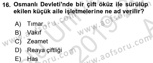 Osmanlı İktisat Tarihi Dersi Ara Sınavı Deneme Sınav Soruları 16. Soru