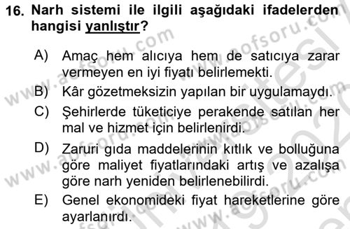 Osmanlı İktisat Tarihi Dersi 2019 - 2020 Yılı (Final) Dönem Sonu Sınav Soruları 16. Soru