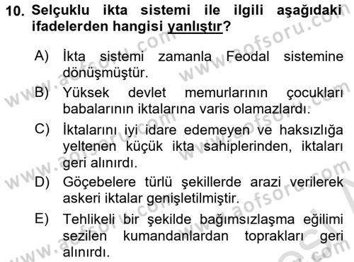 Osmanlı İktisat Tarihi Dersi Ara Sınavı Deneme Sınav Soruları 10. Soru