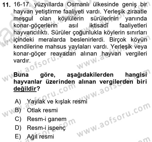 Osmanlı İktisat Tarihi Dersi Ara Sınavı Deneme Sınav Soruları 11. Soru