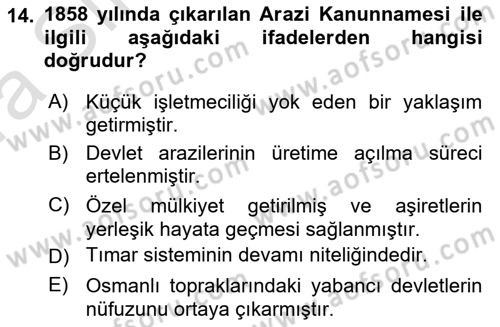 Osmanlı İktisat Tarihi Dersi Ara Sınavı Deneme Sınav Soruları 14. Soru