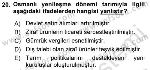 Osmanlı İktisat Tarihi Dersi 2022 - 2023 Yılı (Vize) Ara Sınav Soruları 20. Soru